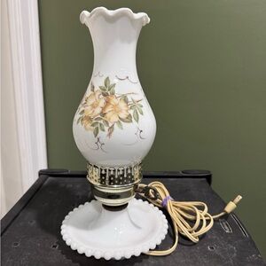 Milk Glass Hurricane Vanity Table Lamp Victorian Style Dogwood Ruffled Edge (2)